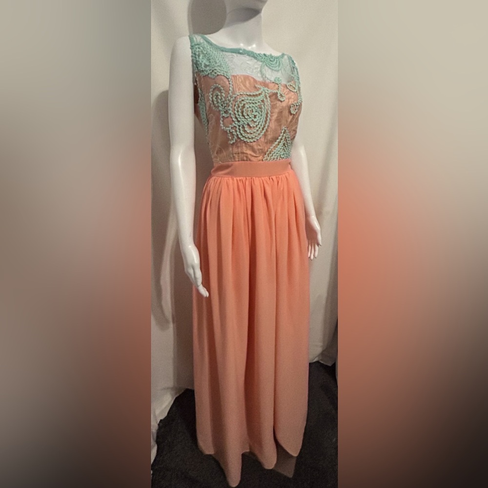 Teeshogs M Floral Sequin Peach & Turquoise Flowy Gown Fairycore Whimsical Boho